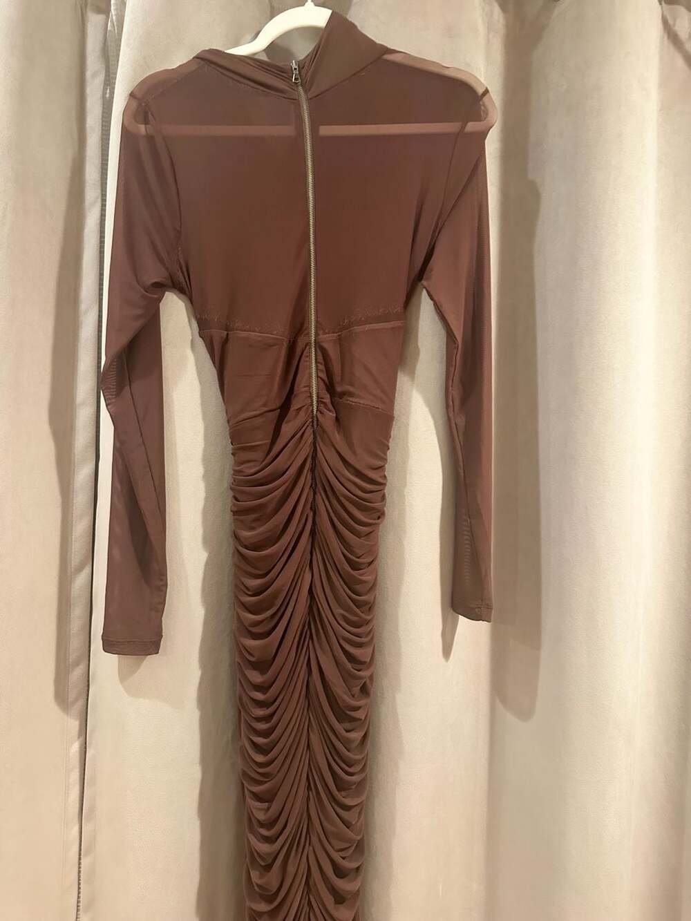 Bardot Brown Mesh Ruched Long Sleeve Midi Dress Size L - Picture 8 of 8